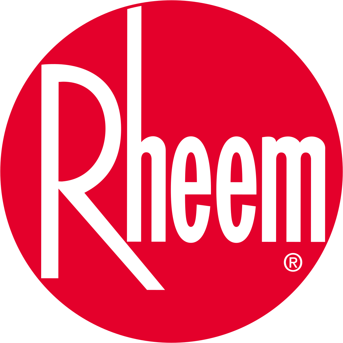 A red circle with the word rheem in it.